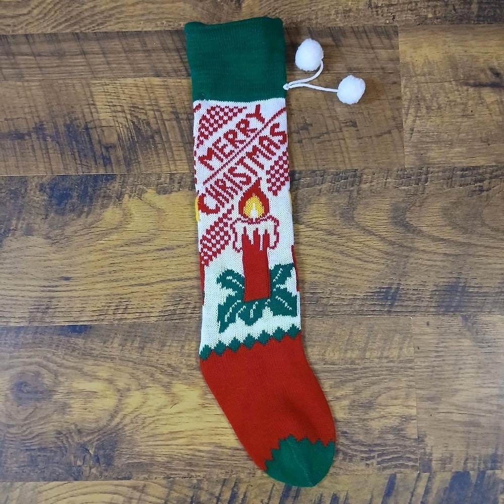 Vintage Knit Christmas Stocking Pom Poms Long Candle Red Green Novelty Acrylic